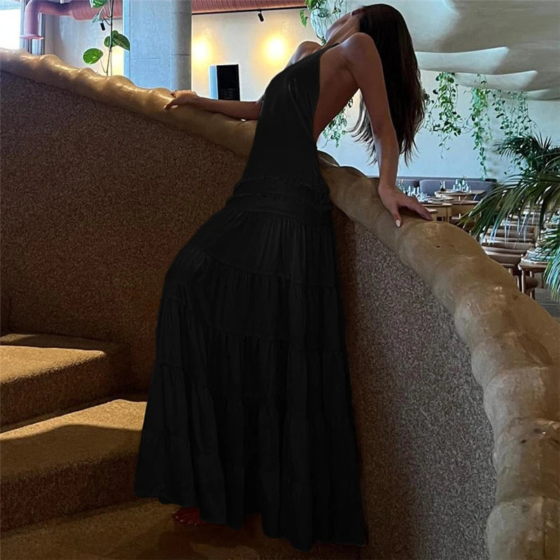 Sexy Suspender Sleeveless Backless Evening Dress Leisure Ruffles Spliced Long Dress Summer Leisure Vacation Solid Party Dresses