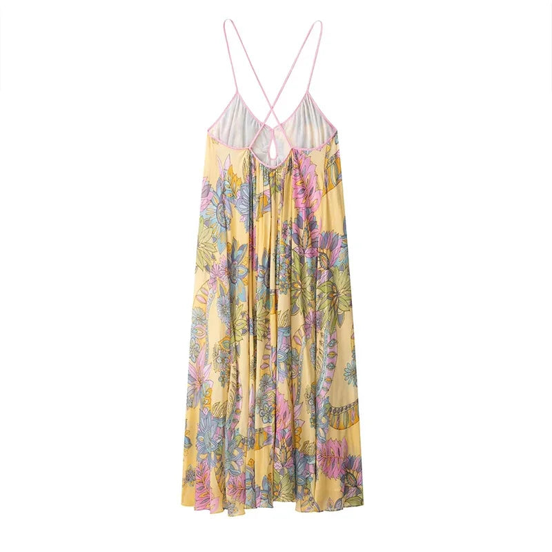 Floral Print Women's Dress Boho Sling V-neck Sleeveless Backless Straight Female Dresses 2025 Summer Elegant Vacation Lady Robes
