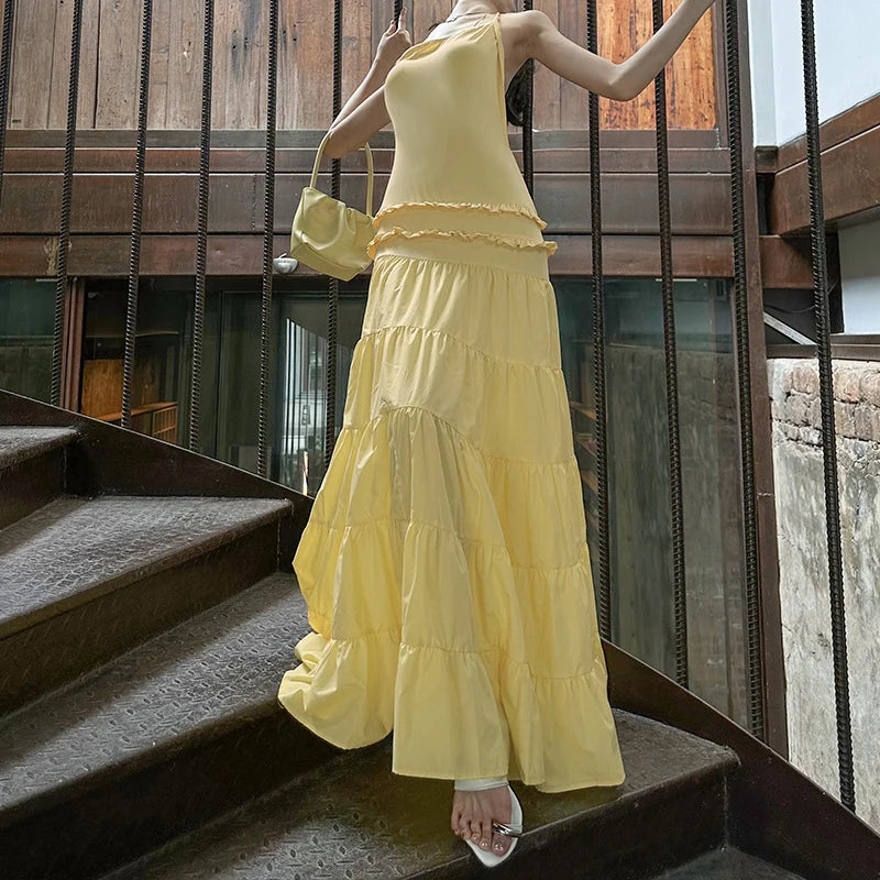 Sexy Suspender Sleeveless Backless Evening Dress Leisure Ruffles Spliced Long Dress Summer Leisure Vacation Solid Party Dresses