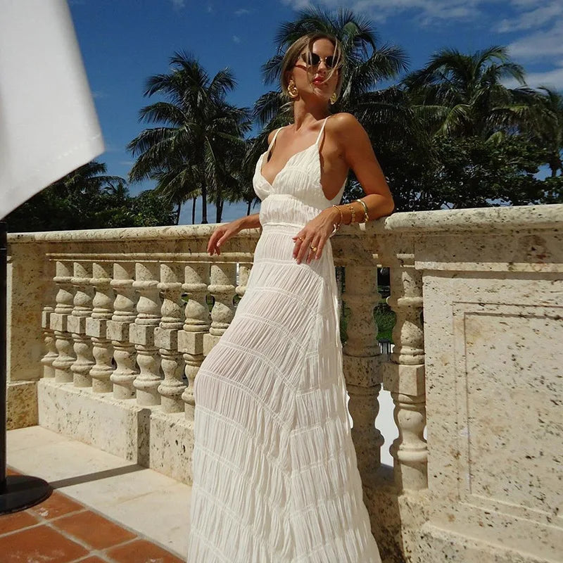 2025 Summer Sexy V Neck Suspender Sleeveless Long Dress Women Holiday Beach Party Elegant Maxi Dresses Chic High Waist Robes