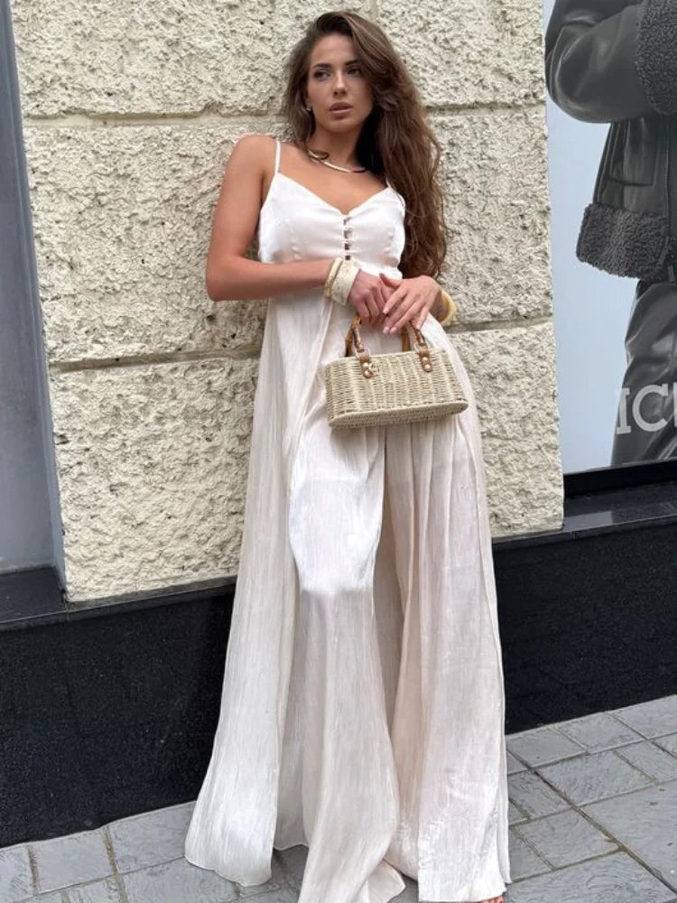 Spaghetti strap Long Top Pants Suits Women Sexy V-neck Sleeveless Backless Patchwork Tops Wide Leg Trousers Chic Ladies Outfits