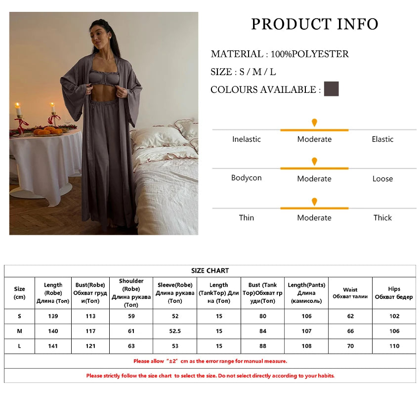 Marthaqiqi Casual Ladies Nightwear Suit Sexy V-Neck Robe Long Sleeve Nightgown Tank Top Sleepwear Pants Loose Pajama 3 Piece Set