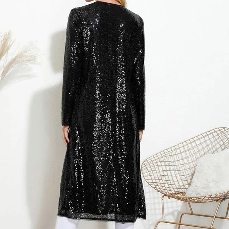 Fashion Sequined Long Sleeved Women's Cardigan Autumn Casual Streetwear Loose Jackets Ladies Temperament Solid Color Outerwear