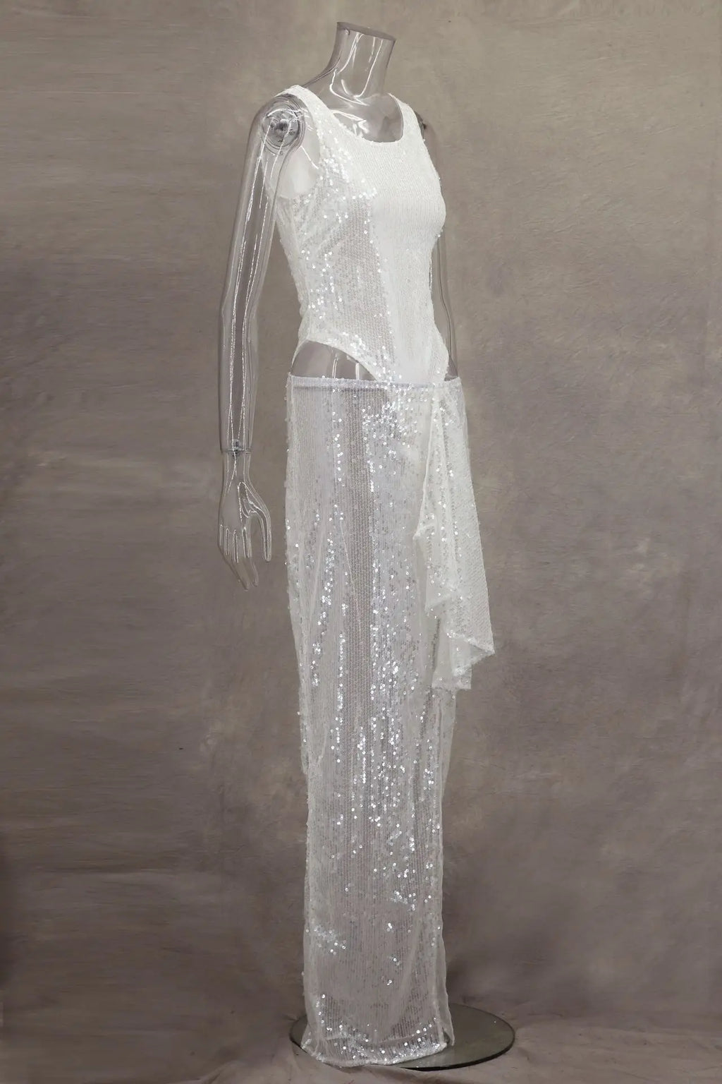 Women Sequined Jumpsuits Ruched Skirts Sets Sexy O-neck Sleeveless Bodysuit High Split Skirt 2 Piece Sets Holiday Beach Outfits