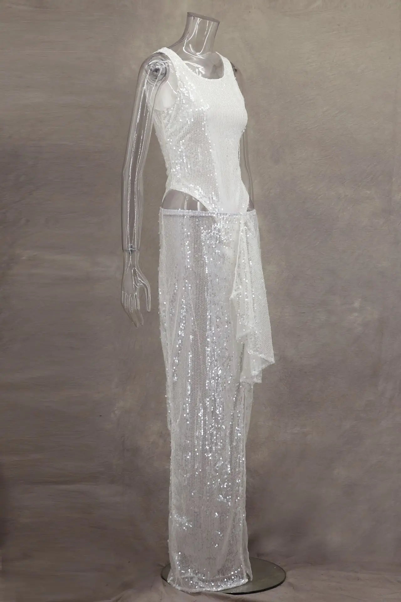 Women Sequined Jumpsuits Ruched Skirts Sets Sexy O-neck Sleeveless Bodysuit High Split Skirt 2 Piece Sets Holiday Beach Outfits