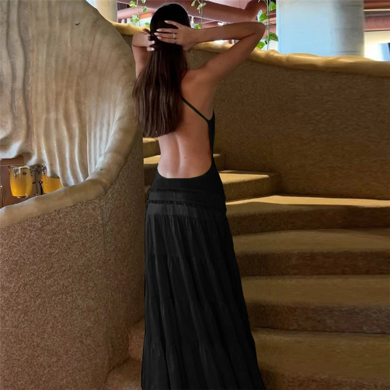 Sexy Suspender Sleeveless Backless Evening Dress Leisure Ruffles Spliced Long Dress Summer Leisure Vacation Solid Party Dresses