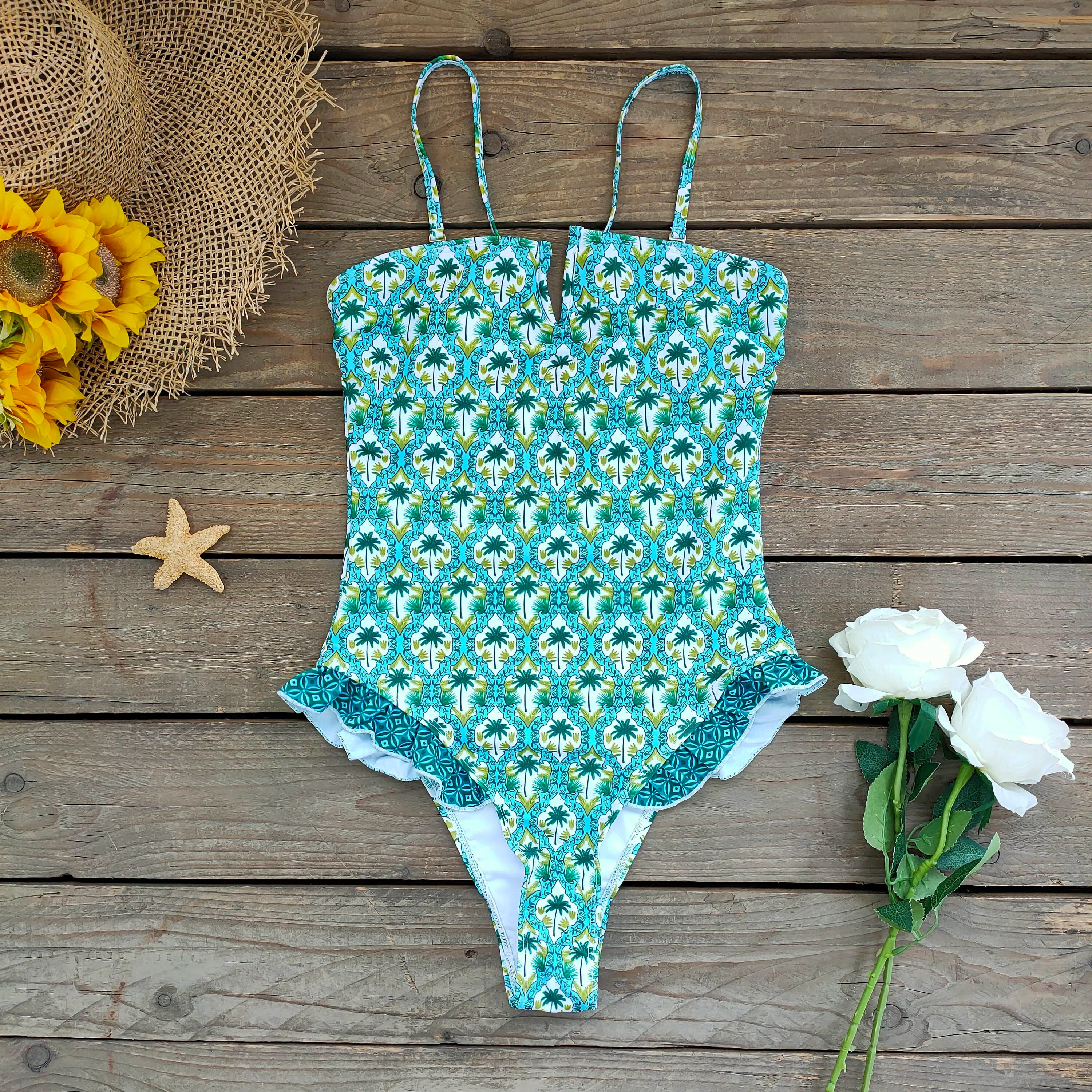 Bandage One Piece Swimsuit Women Swimwear Ruffle Bodysuit Monokini Print Swim Suit Bathing Suit Beachwear