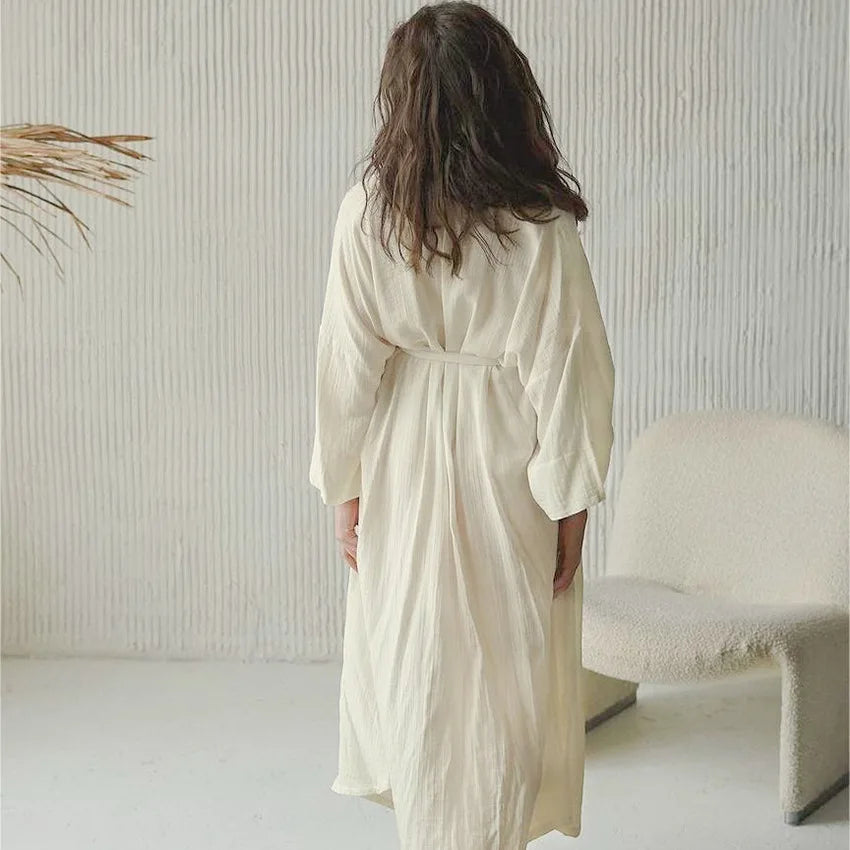 Women's Cotton Bathrobe Long Sleeve Loose Solid V Neck Ladies Kimono with Sashes Spring Autumn Bath Robe for Female Nightwear