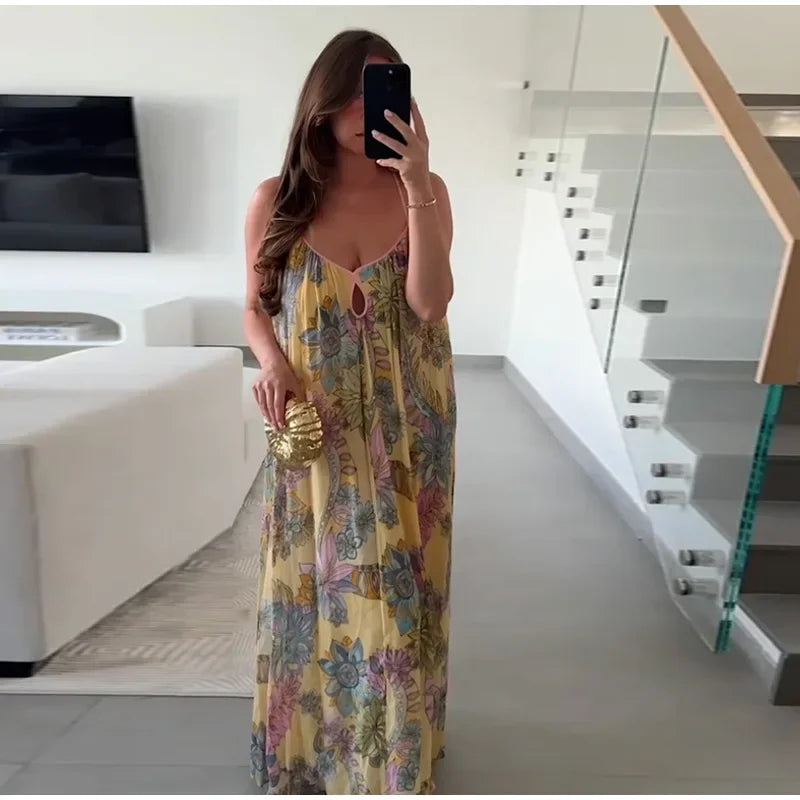 Floral Print Women's Dress Boho Sling V-neck Sleeveless Backless Straight Female Dresses 2025 Summer Elegant Vacation Lady Robes