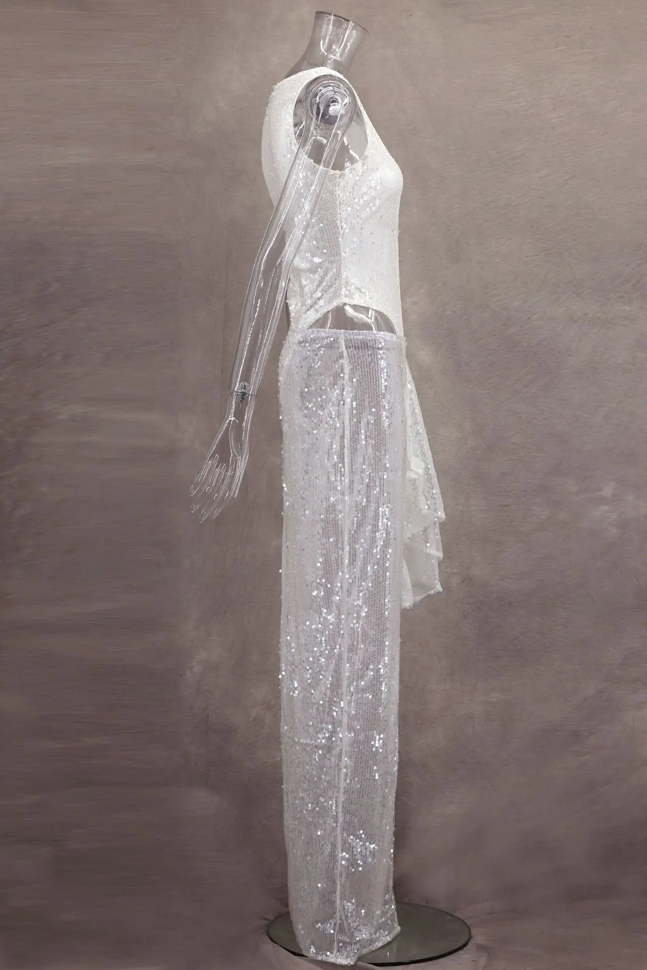 Women Sequined Jumpsuits Ruched Skirts Sets Sexy O-neck Sleeveless Bodysuit High Split Skirt 2 Piece Sets Holiday Beach Outfits