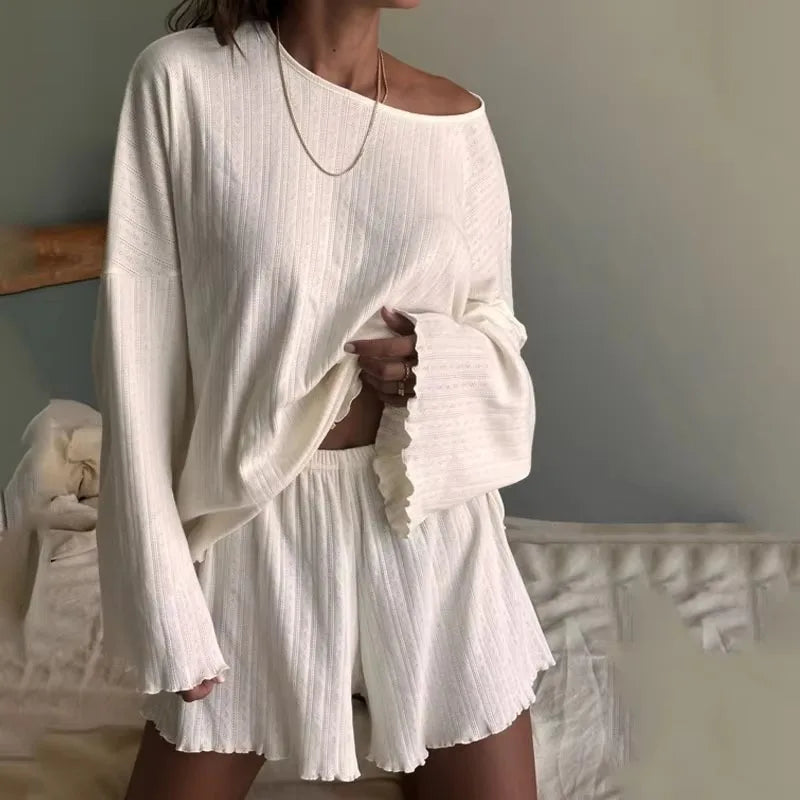 Women's Solid Pajamas Set Autumn Long Sleeve Top And Shorts Sleepwear 2 Piece Set For Women Casual Loose Breathe Homewear