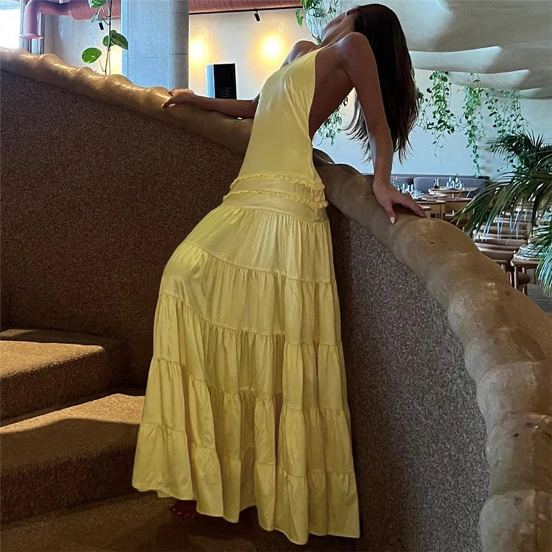 Sexy Suspender Sleeveless Backless Evening Dress Leisure Ruffles Spliced Long Dress Summer Leisure Vacation Solid Party Dresses