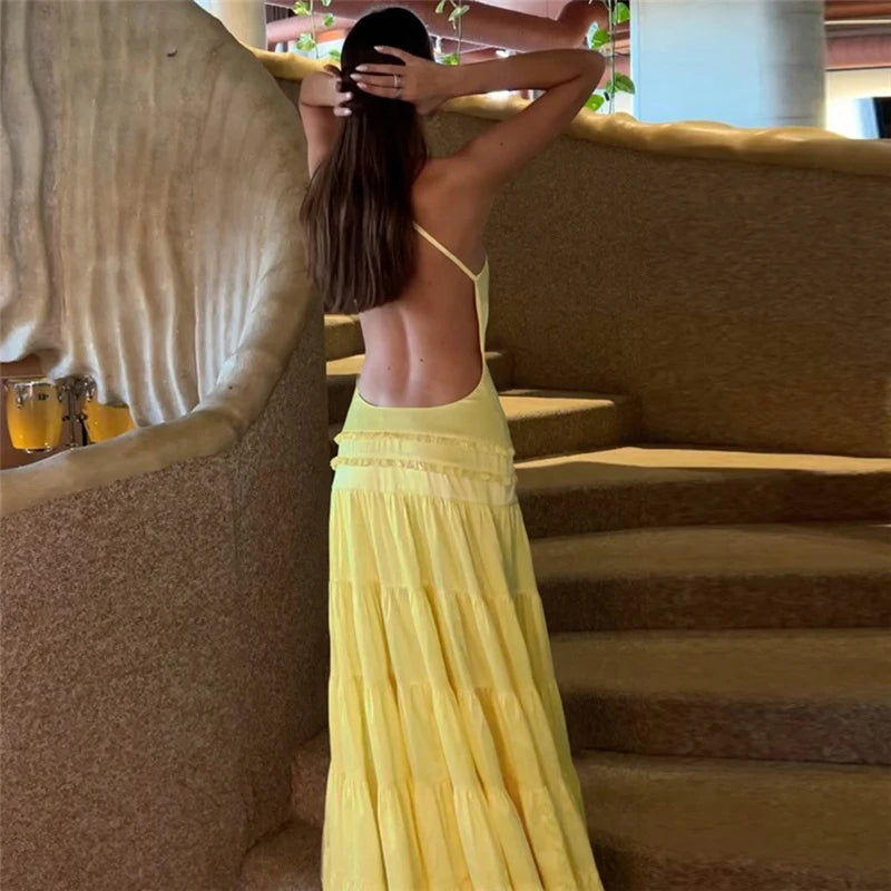 Sexy Suspender Sleeveless Backless Evening Dress Leisure Ruffles Spliced Long Dress Summer Leisure Vacation Solid Party Dresses
