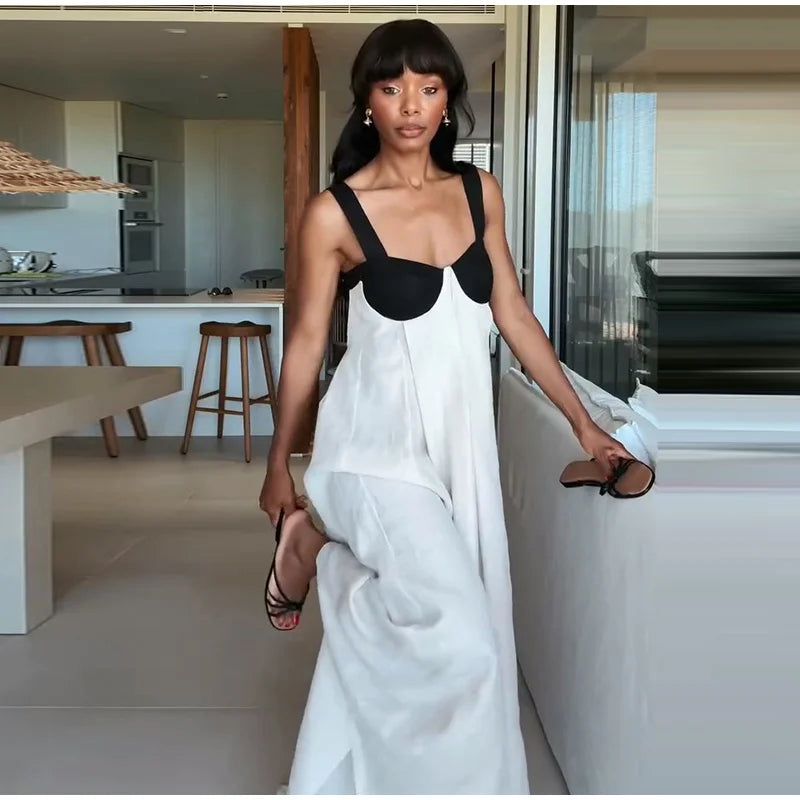 Elegant Bra-Splicing Slip Long Dress Women Sleeveless Backless Lace Up Party Dresses 2025 Summer Beach Patchwork Female Robes