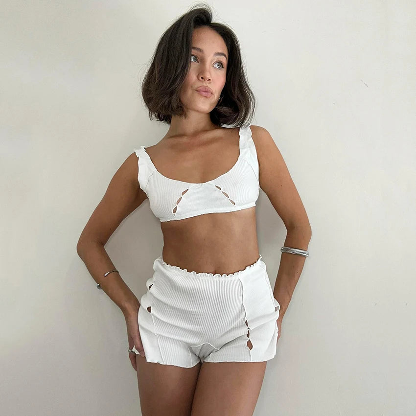 HiLoc Sexy White Crop Top Pajamas Woman Casual Ruffles Tank Top And High Waist Shorts 2 Piece Sets Women Home Knit Outfits 2025