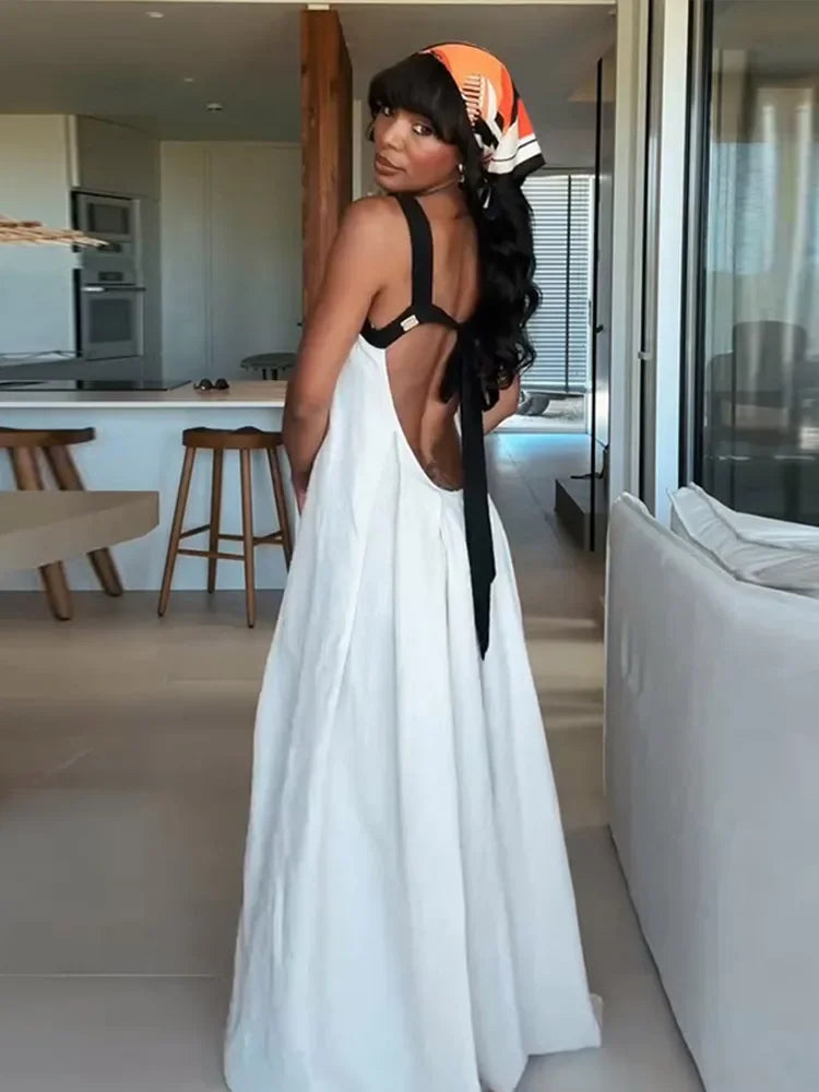 Elegant Bra-Splicing Slip Long Dress Women Sleeveless Backless Lace Up Party Dresses 2025 Summer Beach Patchwork Female Robes