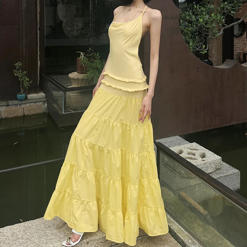Sexy Suspender Sleeveless Backless Evening Dress Leisure Ruffles Spliced Long Dress Summer Leisure Vacation Solid Party Dresses