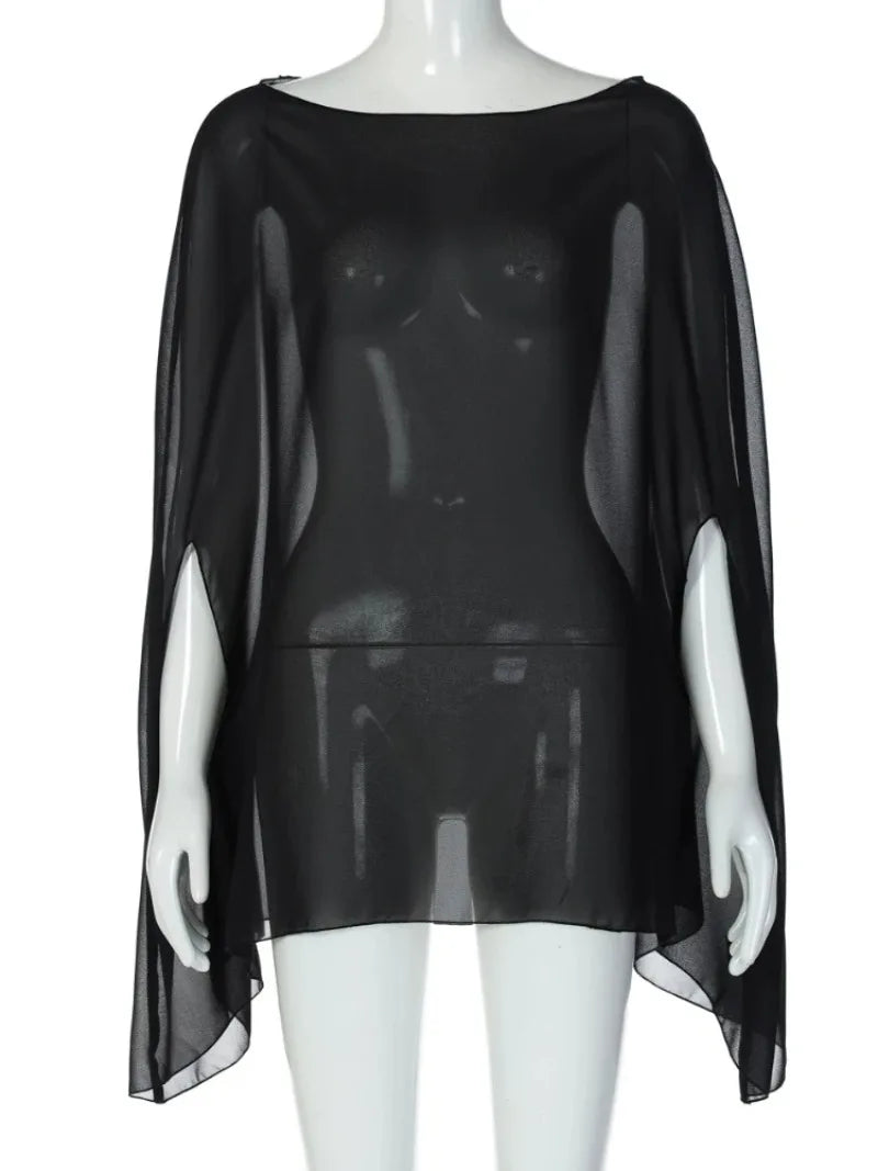 Woman Clothes See-through Chiffon Blouses Sexy Fashion Solid Cover-ups Ladies Elegant Night Club Tops White Black Streetwear