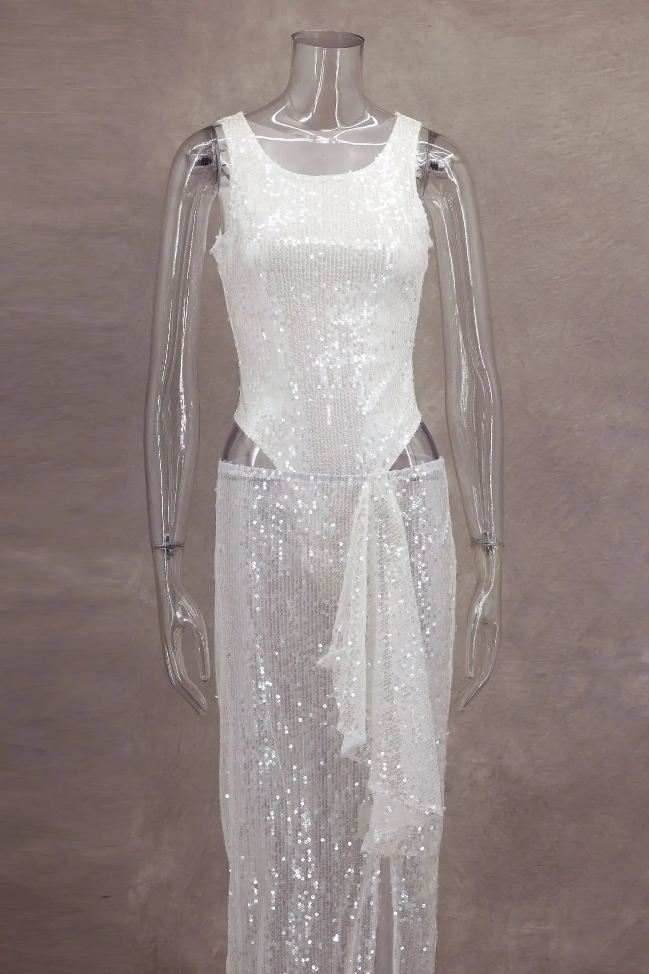 Women Sequined Jumpsuits Ruched Skirts Sets Sexy O-neck Sleeveless Bodysuit High Split Skirt 2 Piece Sets Holiday Beach Outfits