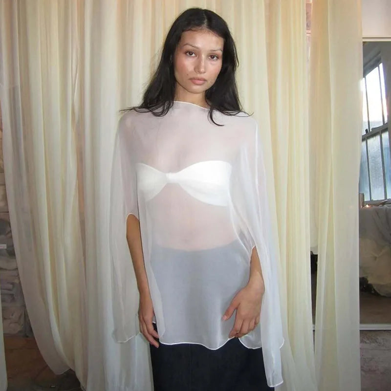 Woman Clothes See-through Chiffon Blouses Sexy Fashion Solid Cover-ups Ladies Elegant Night Club Tops White Black Streetwear
