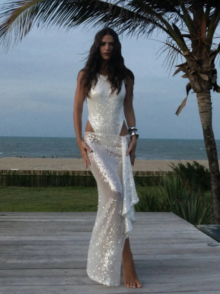 Women Sequined Jumpsuits Ruched Skirts Sets Sexy O-neck Sleeveless Bodysuit High Split Skirt 2 Piece Sets Holiday Beach Outfits