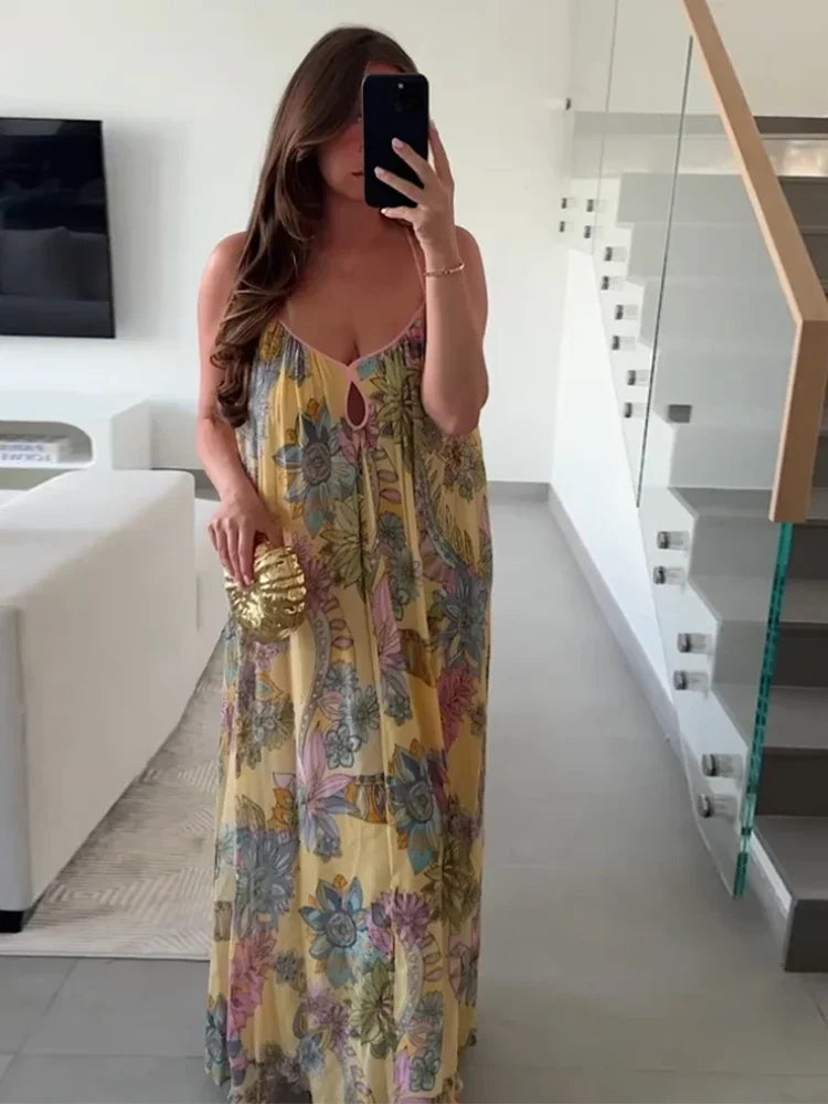 Floral Print Women's Dress Boho Sling V-neck Sleeveless Backless Straight Female Dresses 2025 Summer Elegant Vacation Lady Robes