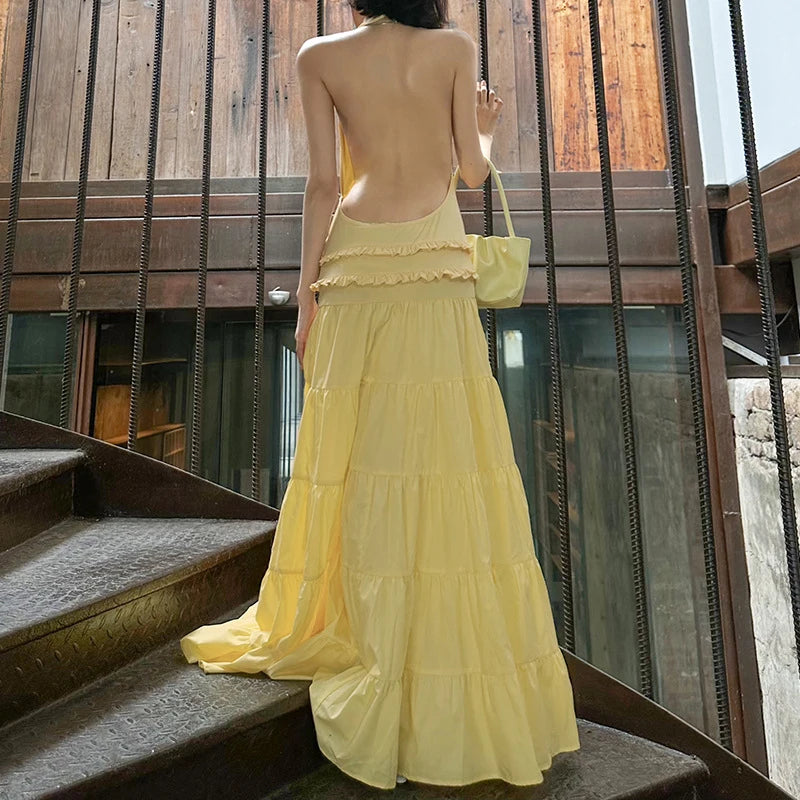 Sexy Suspender Sleeveless Backless Evening Dress Leisure Ruffles Spliced Long Dress Summer Leisure Vacation Solid Party Dresses