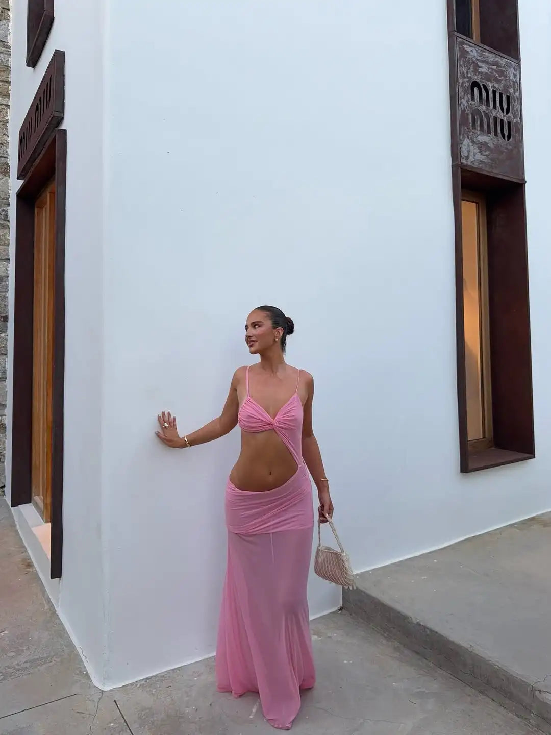 Solid Irregular Pleated Maxi Dress Women Sexy V-neck See Through Midriff-baring Slim Long Dresses 2025 Lady Evening Party Gowns