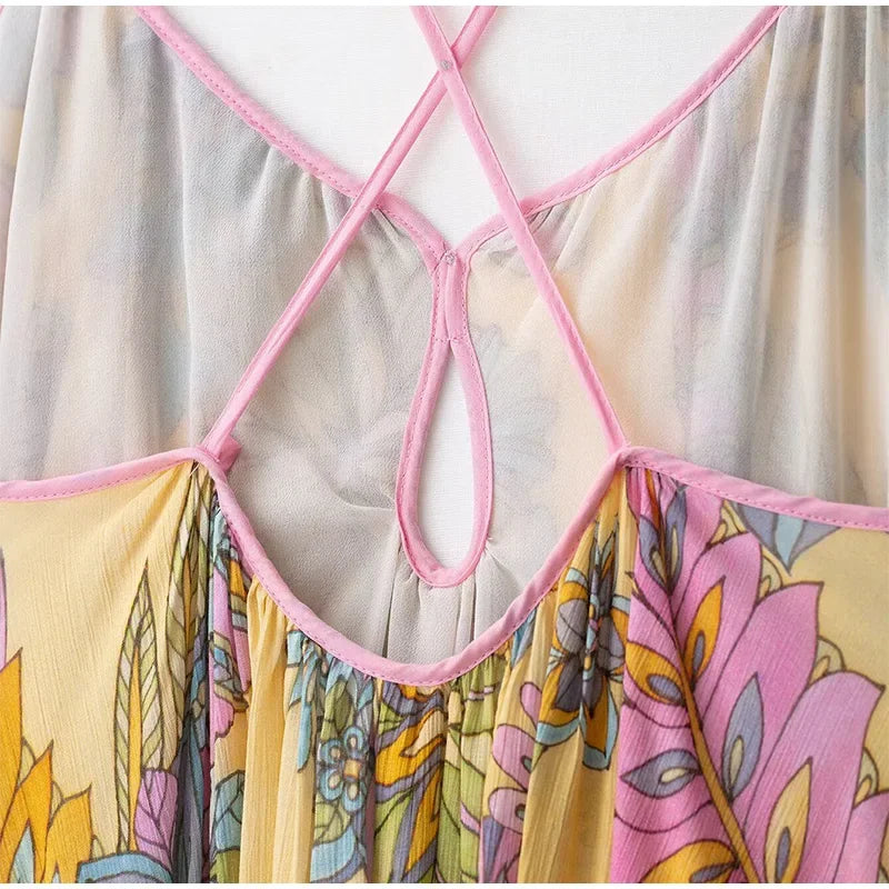 Floral Print Women's Dress Boho Sling V-neck Sleeveless Backless Straight Female Dresses 2025 Summer Elegant Vacation Lady Robes