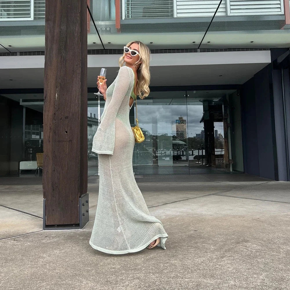 Combhasaki Women's Summer Knitted See-through Beachwear Solid Color Flare Long Sleeve O Neck Hollow Backless Cover Up Long Dress