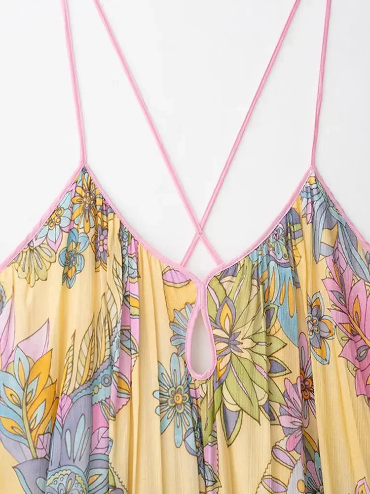 Floral Print Women's Dress Boho Sling V-neck Sleeveless Backless Straight Female Dresses 2025 Summer Elegant Vacation Lady Robes