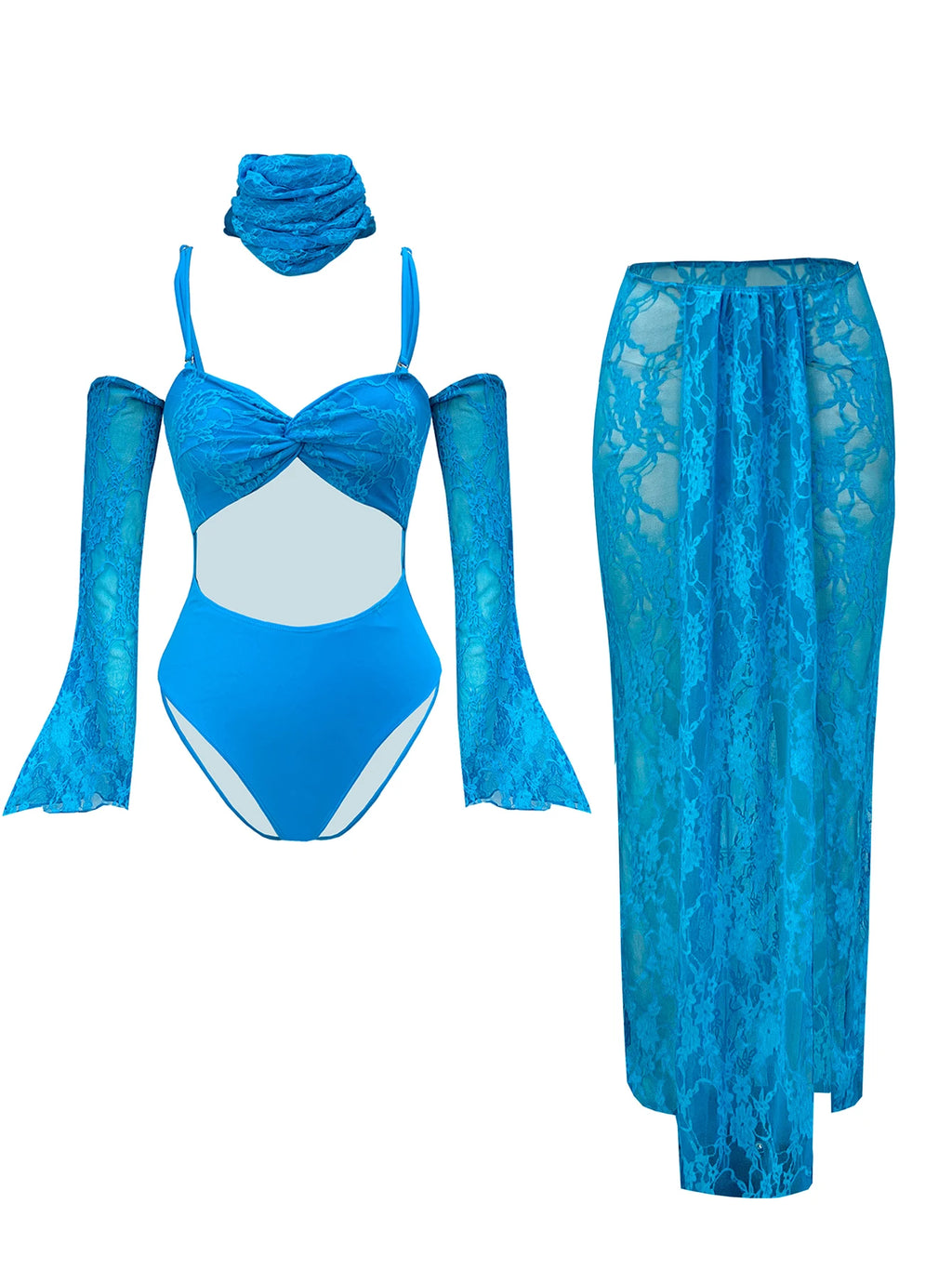 Fashion Lace Bikini And Long Skirt Women 3/4 Pc Set Swimsuit 2025 Sexy See Through Biquni Lady Beachwear Outfit Female Dress Set