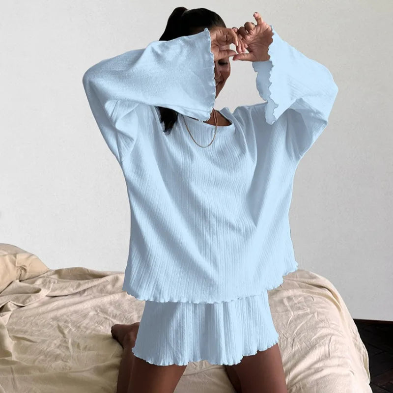 Women's Solid Pajamas Set Autumn Long Sleeve Top And Shorts Sleepwear 2 Piece Set For Women Casual Loose Breathe Homewear