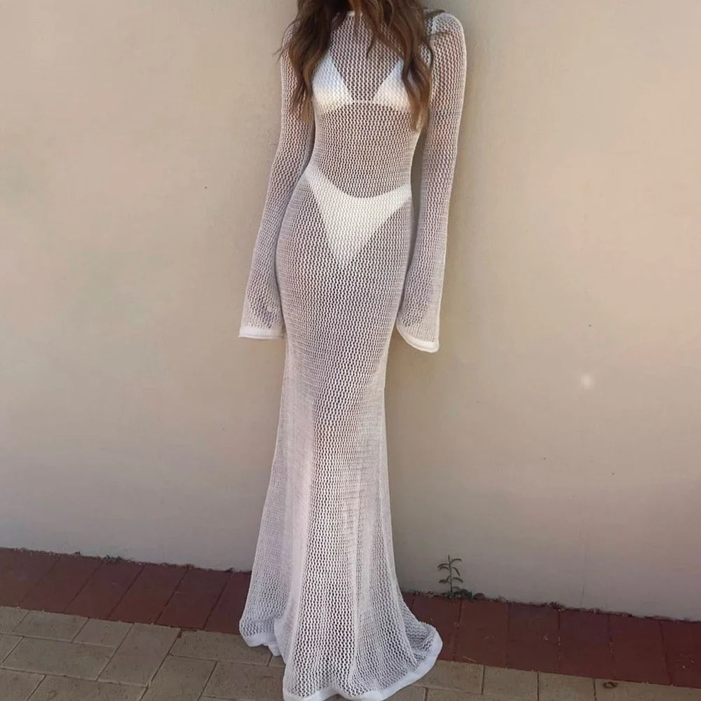 Combhasaki Women's Summer Knitted See-through Beachwear Solid Color Flare Long Sleeve O Neck Hollow Backless Cover Up Long Dress