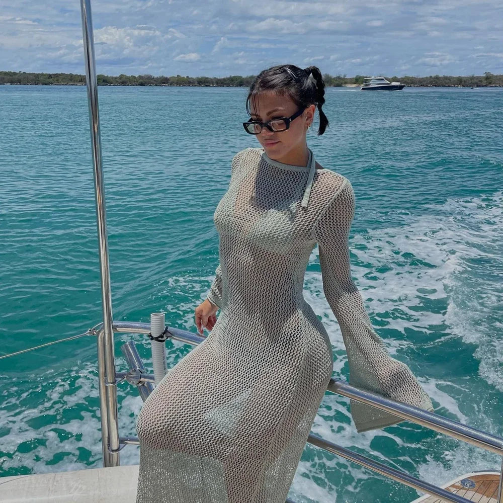 Combhasaki Women's Summer Knitted See-through Beachwear Solid Color Flare Long Sleeve O Neck Hollow Backless Cover Up Long Dress