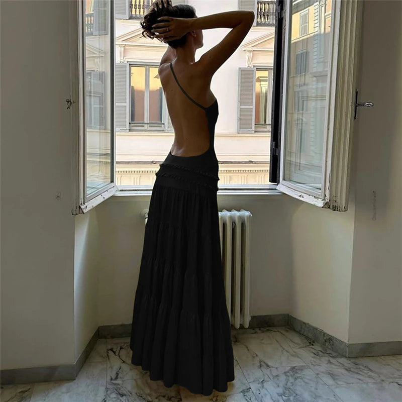 Sexy Suspender Sleeveless Backless Evening Dress Leisure Ruffles Spliced Long Dress Summer Leisure Vacation Solid Party Dresses