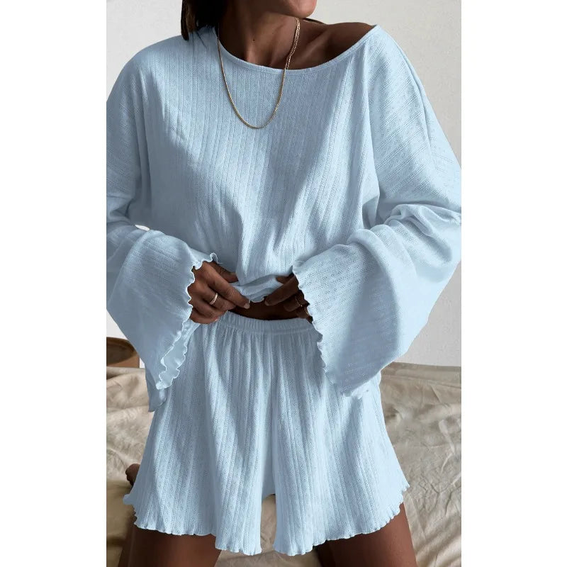 Women's Solid Pajamas Set Autumn Long Sleeve Top And Shorts Sleepwear 2 Piece Set For Women Casual Loose Breathe Homewear