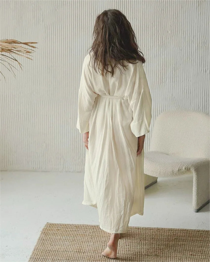 Women's Cotton Bathrobe Long Sleeve Loose Solid V Neck Ladies Kimono with Sashes Spring Autumn Bath Robe for Female Nightwear