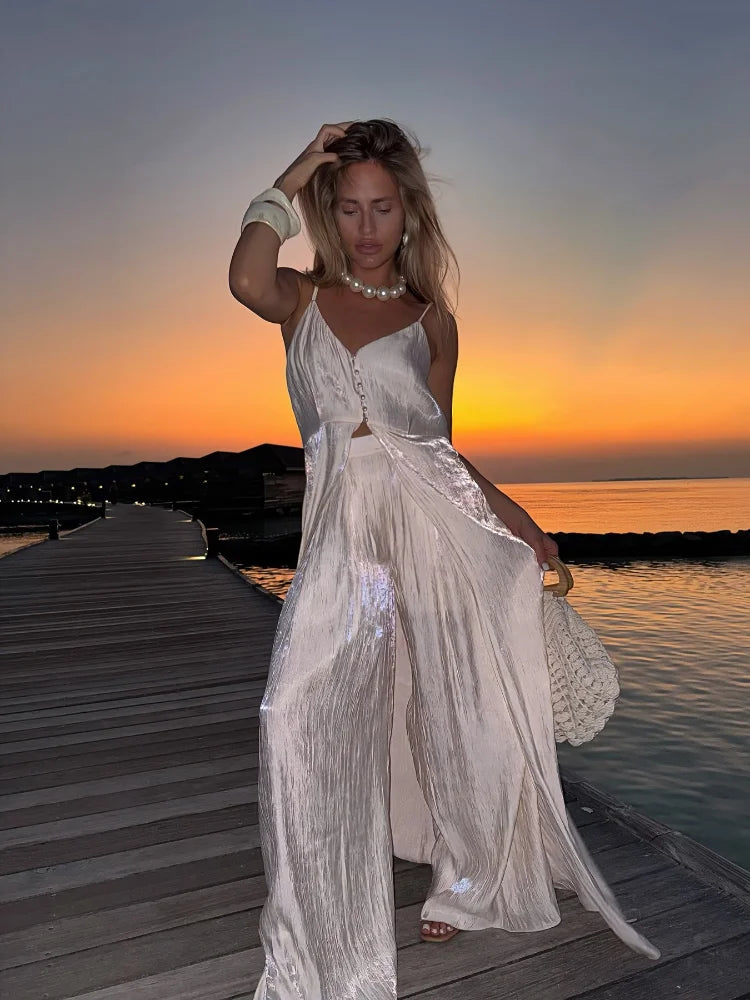 Spaghetti strap Long Top Pants Suits Women Sexy V-neck Sleeveless Backless Patchwork Tops Wide Leg Trousers Chic Ladies Outfits