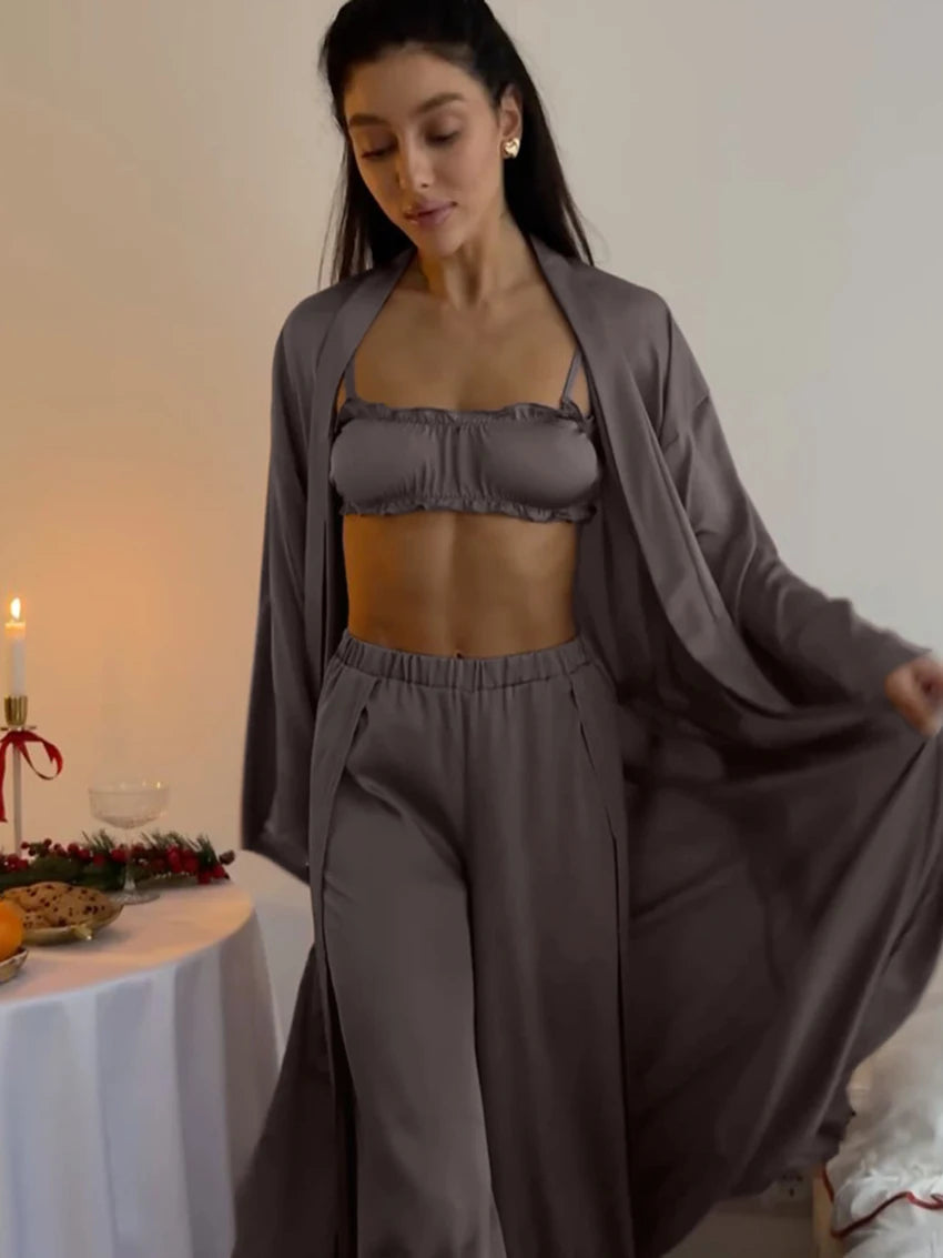 Marthaqiqi Casual Ladies Nightwear Suit Sexy V-Neck Robe Long Sleeve Nightgown Tank Top Sleepwear Pants Loose Pajama 3 Piece Set
