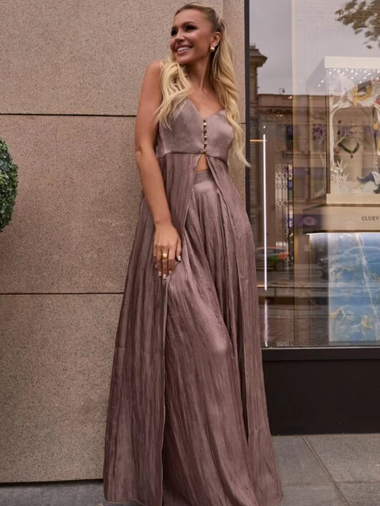 Spaghetti strap Long Top Pants Suits Women Sexy V-neck Sleeveless Backless Patchwork Tops Wide Leg Trousers Chic Ladies Outfits