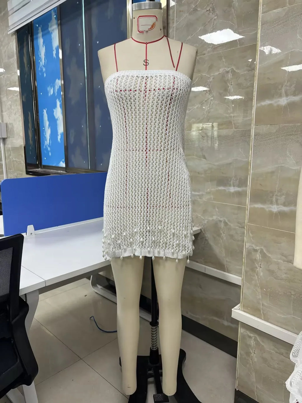 Combhasaki Women Crochet Slim Fit Hollow Out See-through Strapless Backless Short Mini Bodycon Knitted Dress with Pearl Tassels