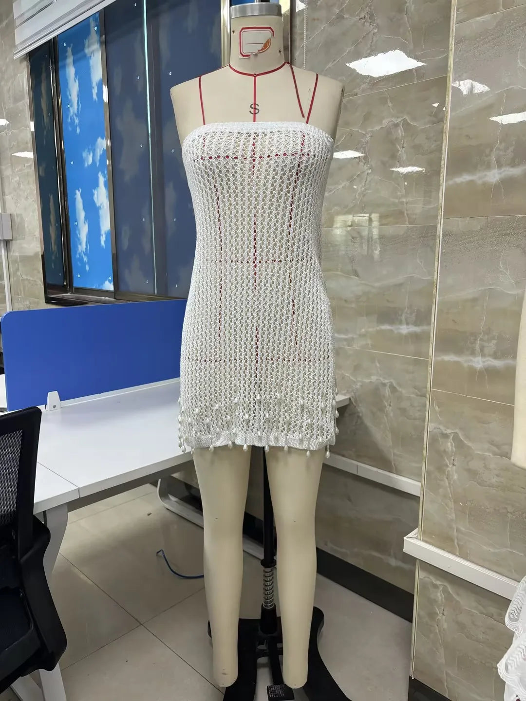 Combhasaki Women Crochet Slim Fit Hollow Out See-through Strapless Backless Short Mini Bodycon Knitted Dress with Pearl Tassels