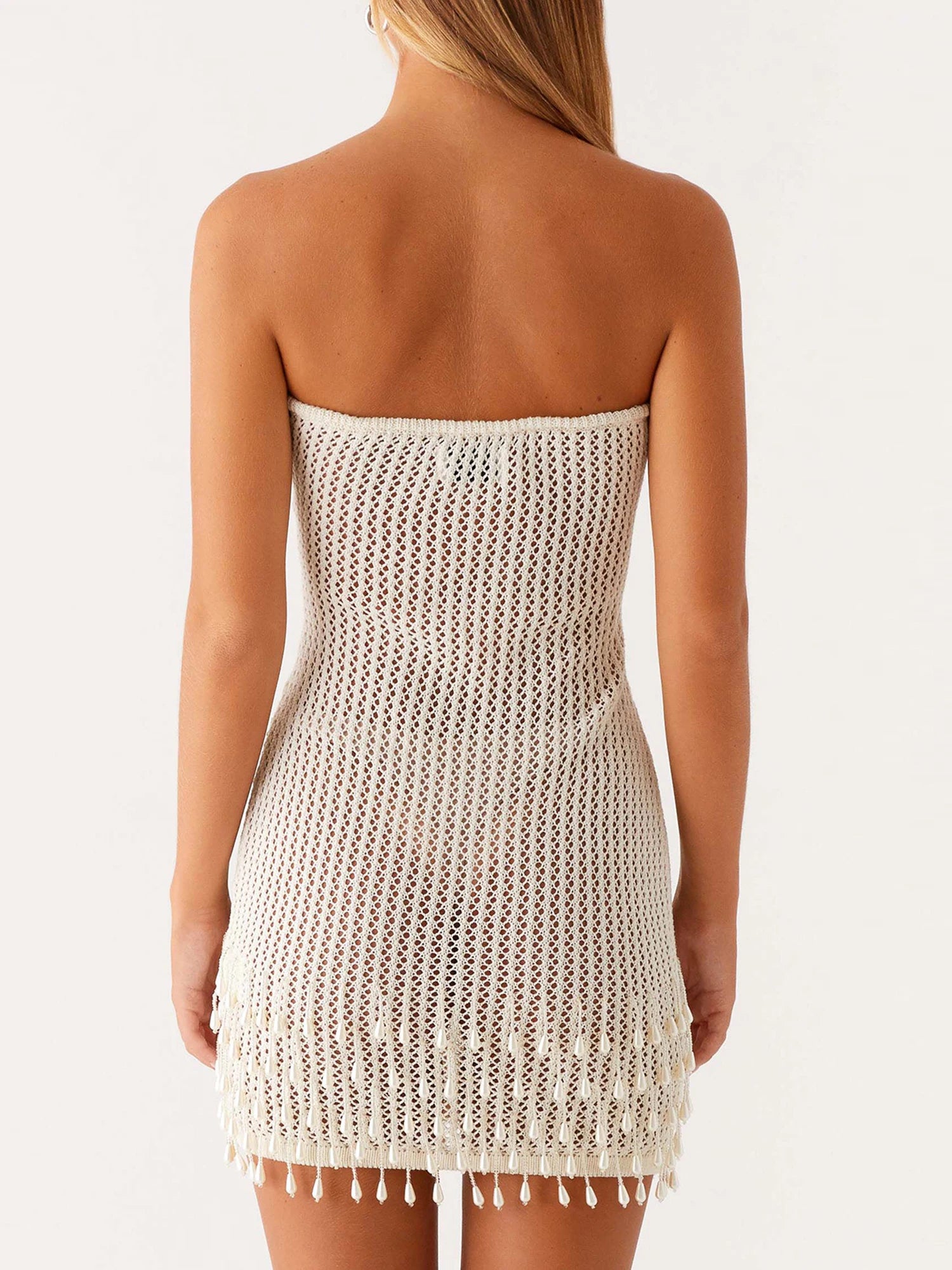 Combhasaki Women Crochet Slim Fit Hollow Out See-through Strapless Backless Short Mini Bodycon Knitted Dress with Pearl Tassels