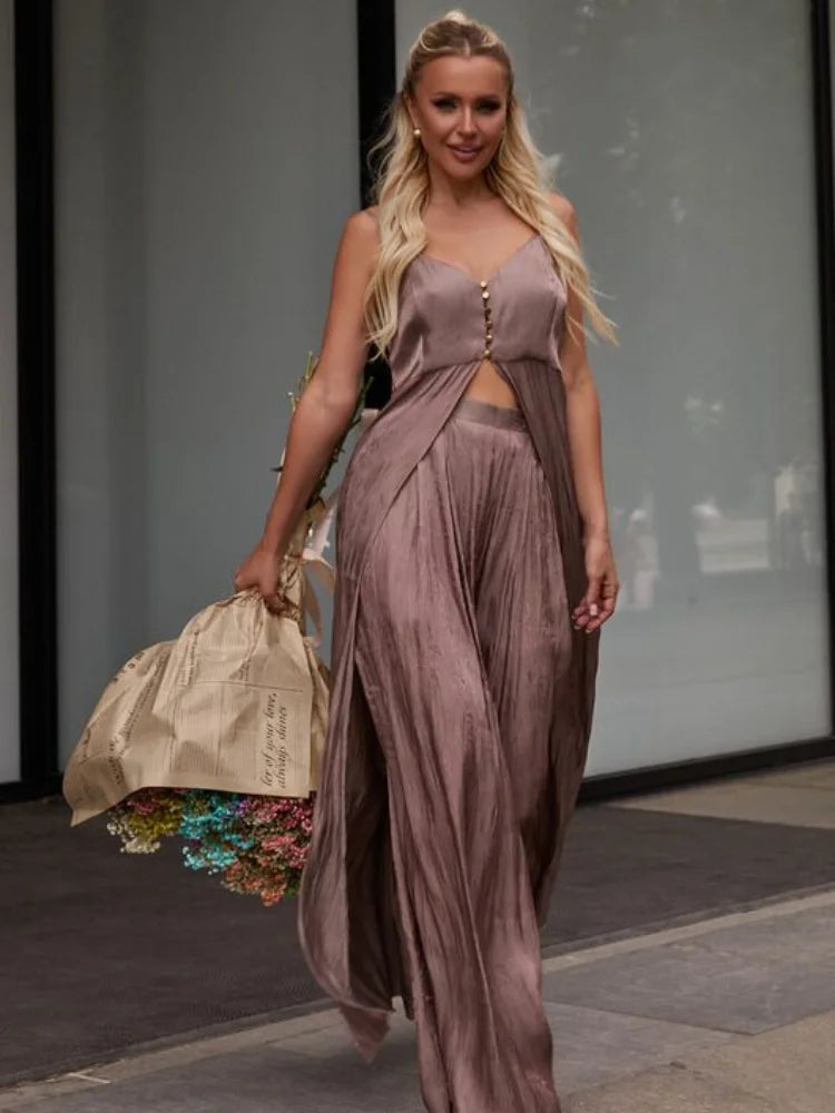 Spaghetti strap Long Top Pants Suits Women Sexy V-neck Sleeveless Backless Patchwork Tops Wide Leg Trousers Chic Ladies Outfits