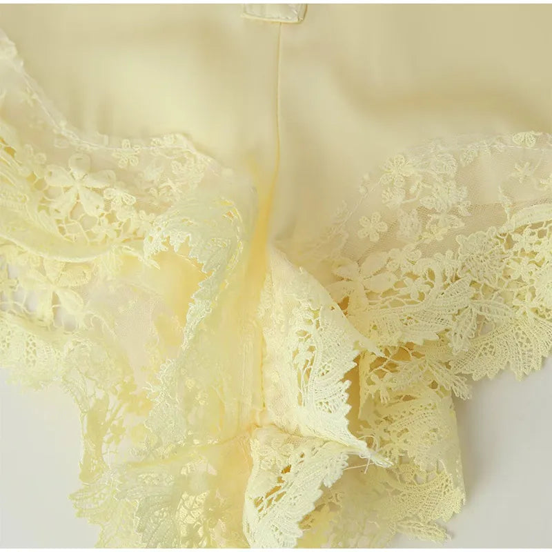 Women Yellow Patchwork Lace Shorts Suit Casual Off Shoulder Sleeveless Sling Top 2 Pieces Set Lady 2025 New Summer Daily Suits