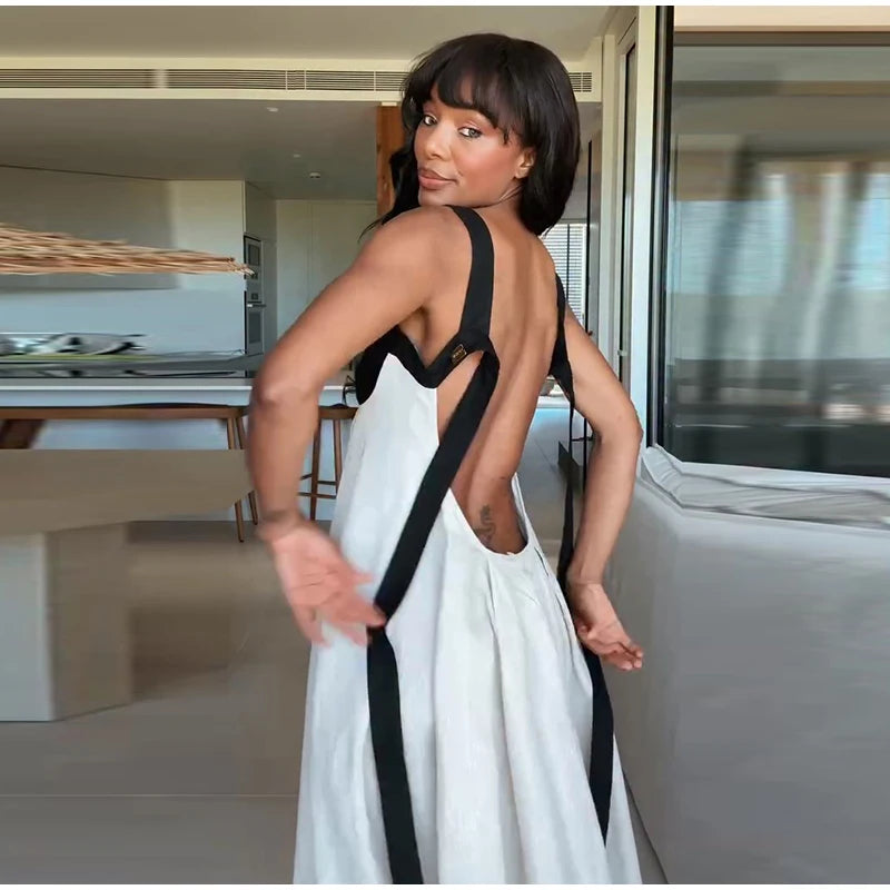 Elegant Bra-Splicing Slip Long Dress Women Sleeveless Backless Lace Up Party Dresses 2025 Summer Beach Patchwork Female Robes