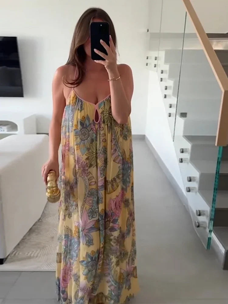 Floral Print Women's Dress Boho Sling V-neck Sleeveless Backless Straight Female Dresses 2025 Summer Elegant Vacation Lady Robes
