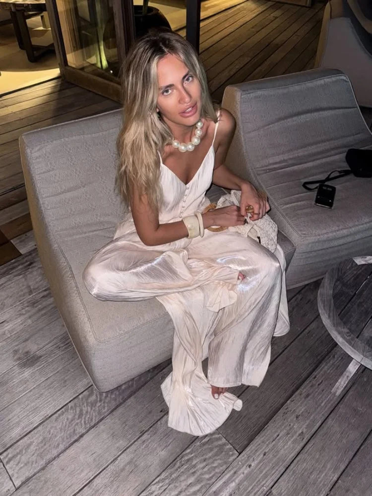 Spaghetti strap Long Top Pants Suits Women Sexy V-neck Sleeveless Backless Patchwork Tops Wide Leg Trousers Chic Ladies Outfits