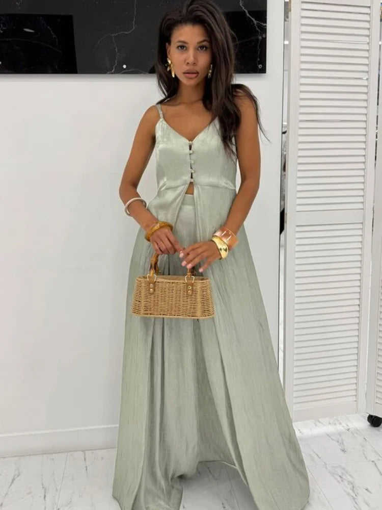 Spaghetti strap Long Top Pants Suits Women Sexy V-neck Sleeveless Backless Patchwork Tops Wide Leg Trousers Chic Ladies Outfits